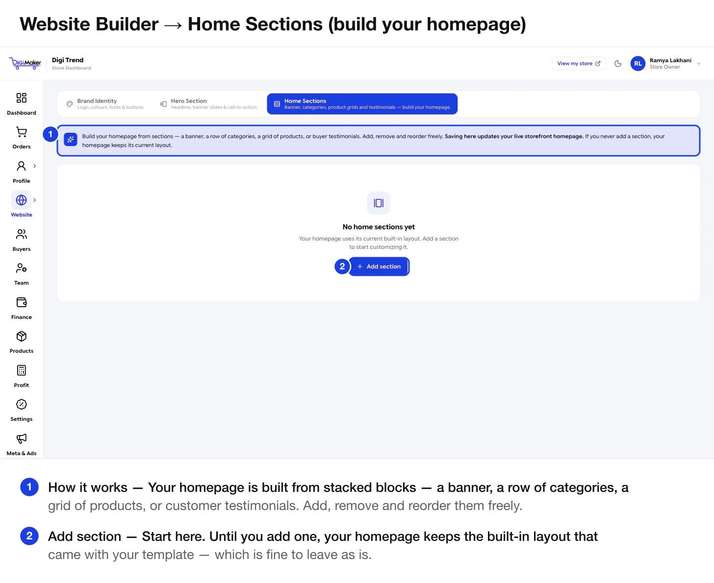 The Home Sections tab showing the empty state and the Add section button