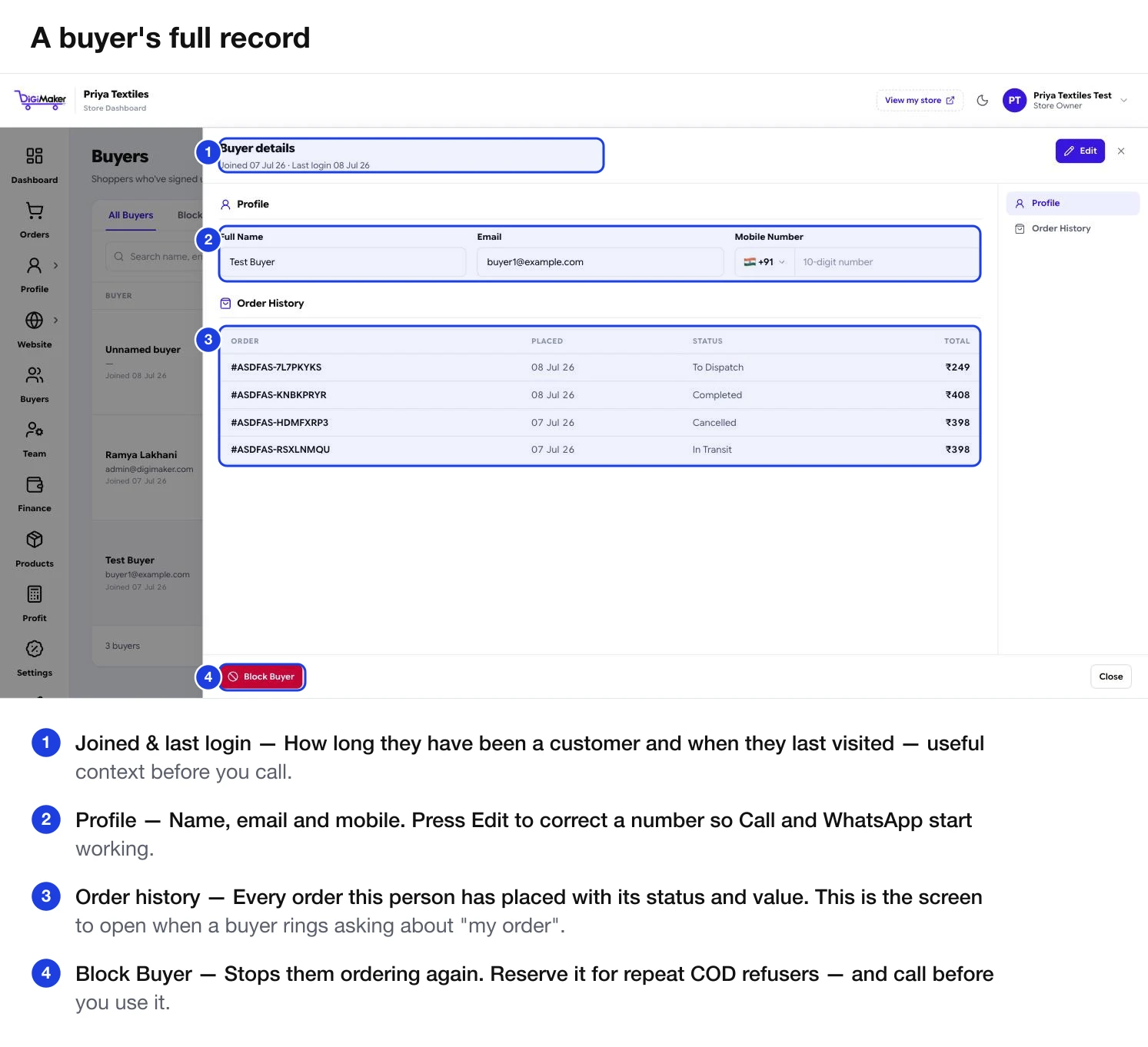 A buyer's record showing joined and last-login dates, the profile fields, full order history and the Block Buyer button