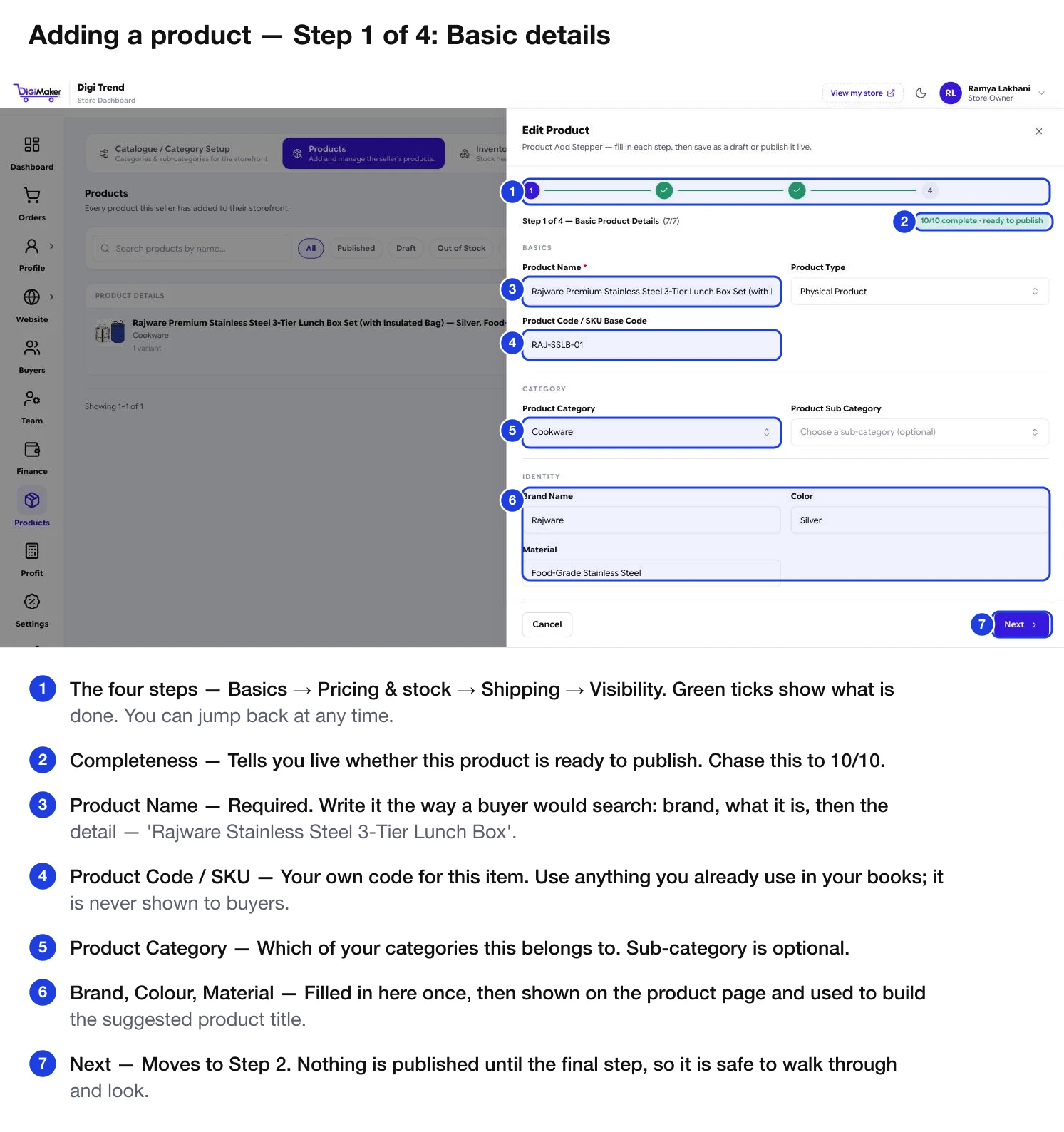 Step 1 of the product form with the stepper, completeness badge, name, SKU, category and identity fields marked