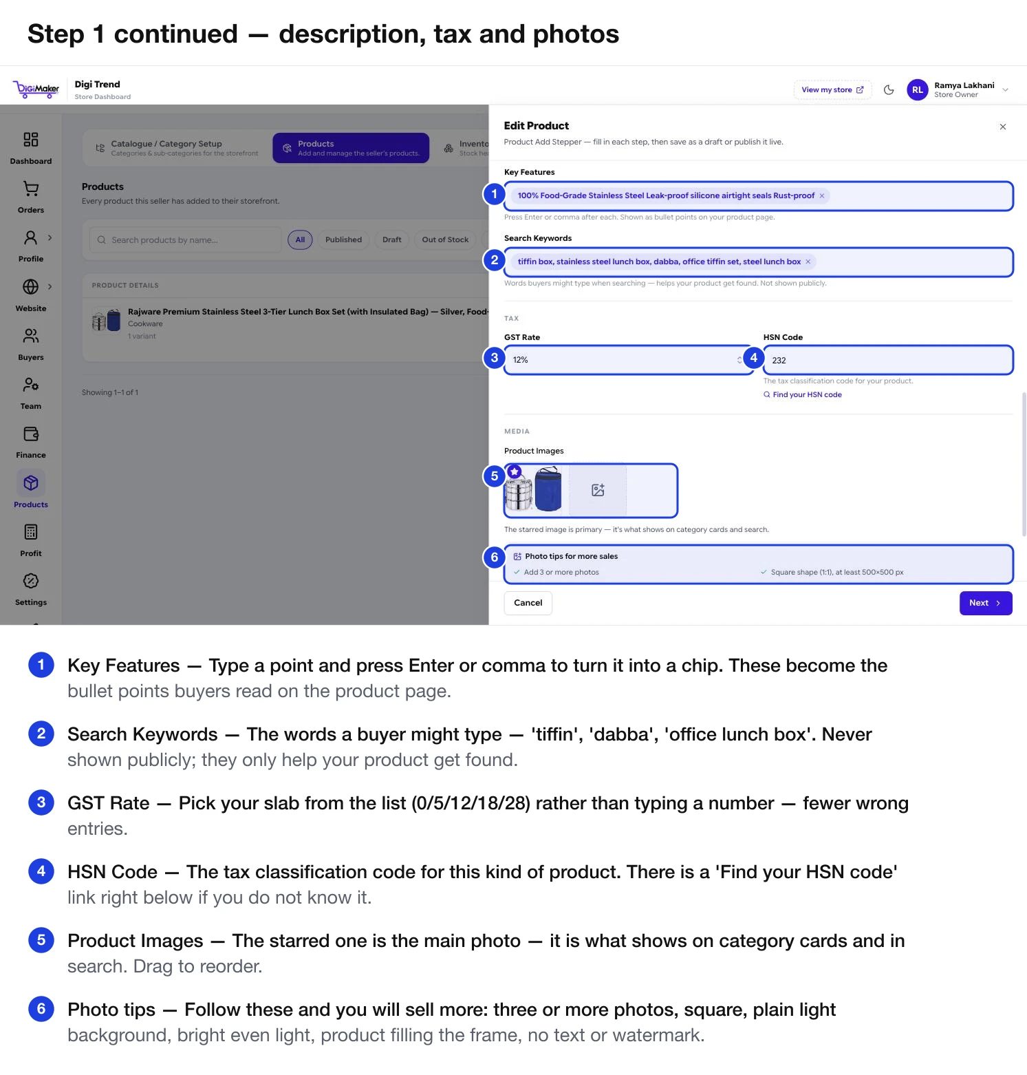 The lower half of step 1 with key features, search keywords, GST rate, HSN code, product images and photo tips marked