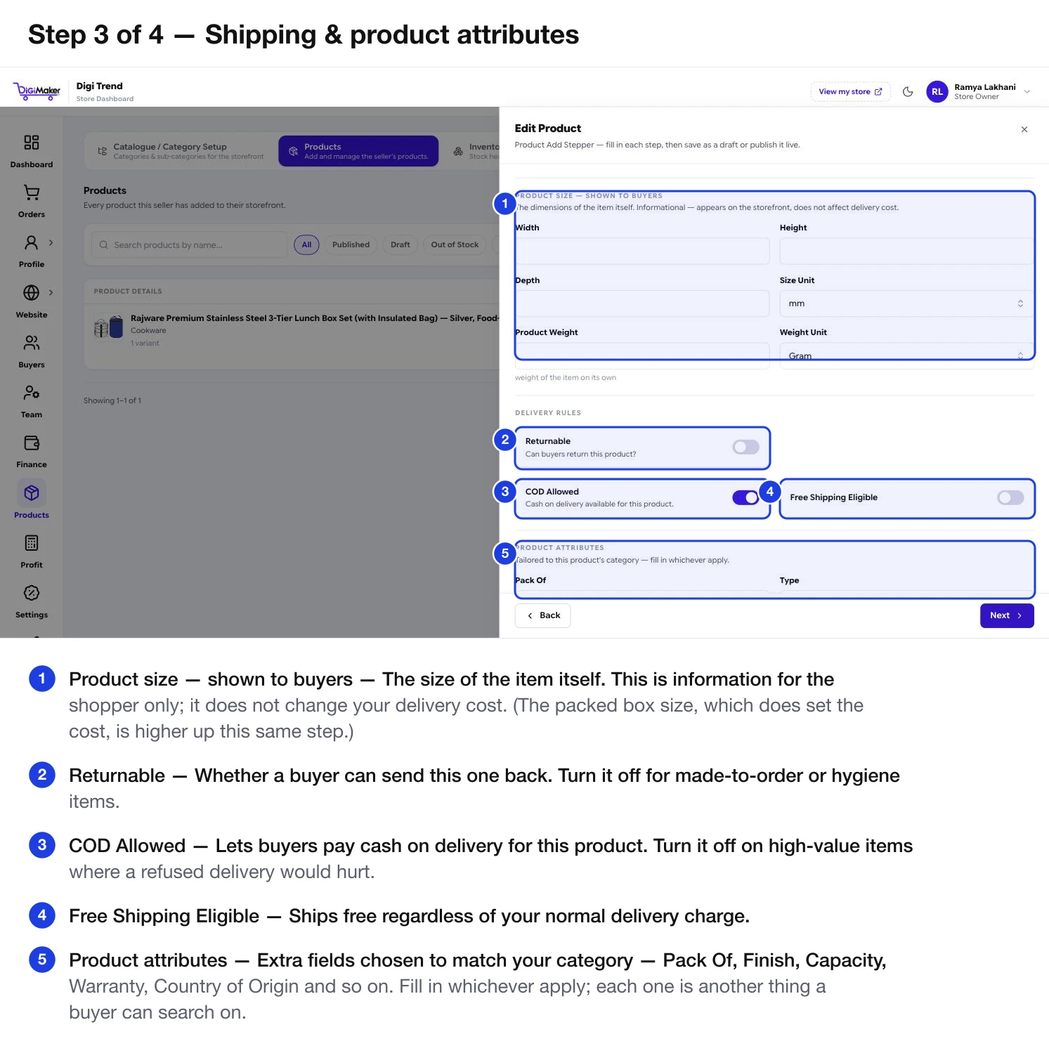 Step 3 with product size, returnable, COD allowed, free shipping eligible and product attributes marked